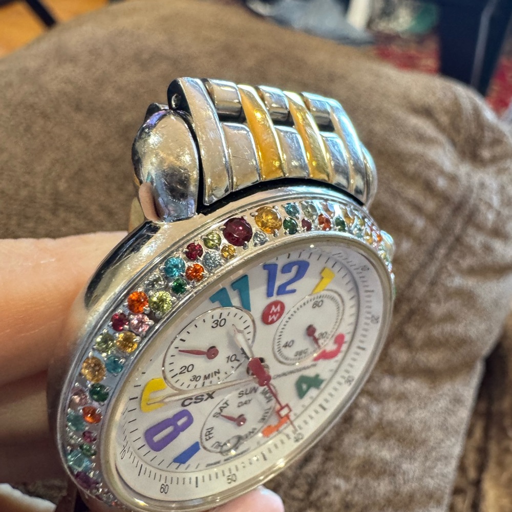 Michele CSX Chronograph Watch Multicolor Gemstone Bezel 1.50 CT Swiss Two-Tone - Picture 8 of 16